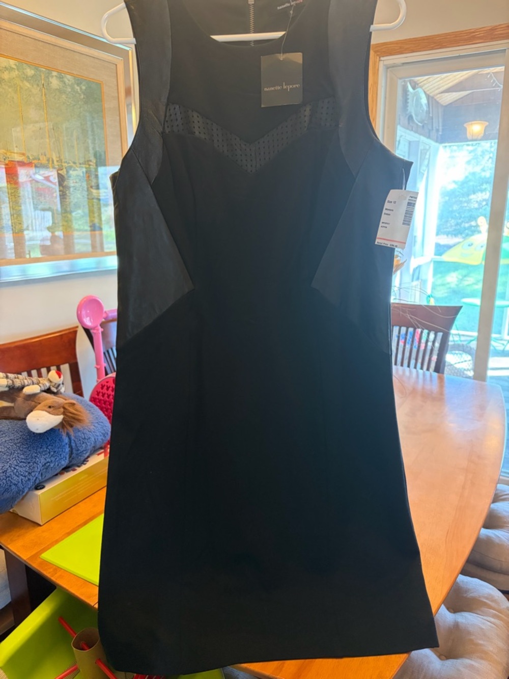 NWT $398 Nanette Lepore Black Rio Grande Leather & Ponte Sheath Dress Size 12
